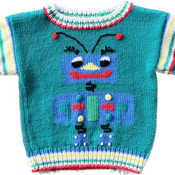 SOLD vintage handknit robot sweater , size 2T - Picture 2 of 6